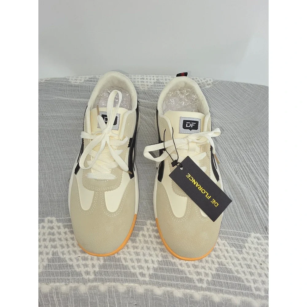 De Florance Womens Low Top Sneakers Cream Beige Black Size 10.5 Italian Design